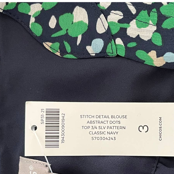Chico's Blouse Tunic with Stitch Detail Abstract Dots in Classic Navy Size 16/18 - Picture 10 of 12